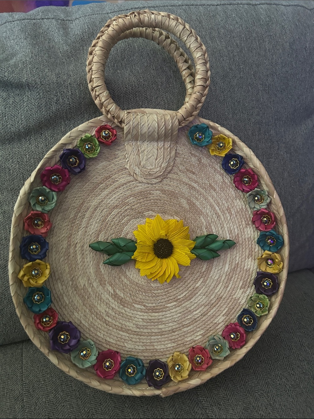 Mexican Round Woven Sunflower Tote with Colorful Floral Trim